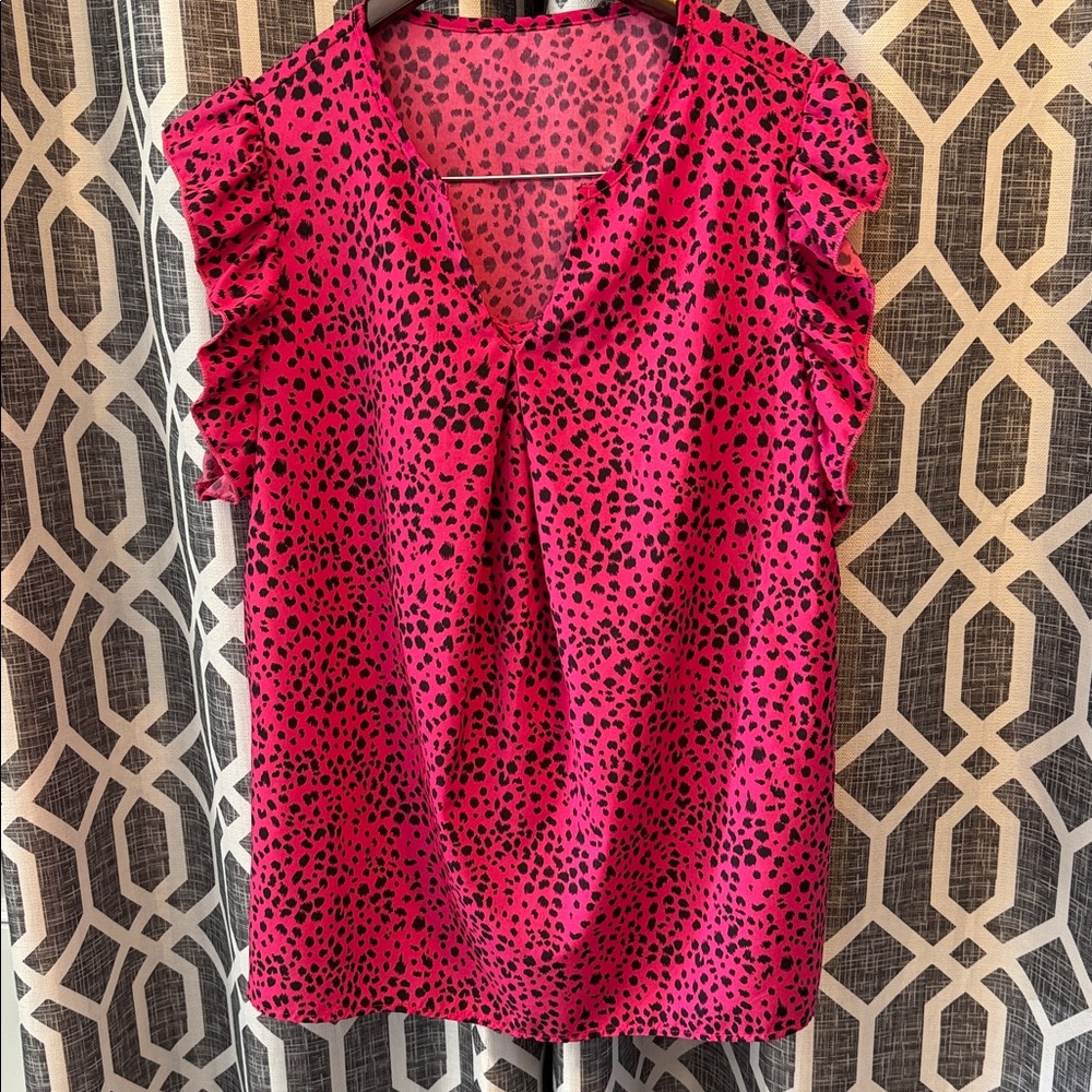Women’s SHEIN 1XL Pink Animal-Print Ruffle Sleeve Blouse